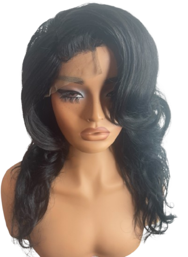 A mannequin with long black hair and a large forehead.